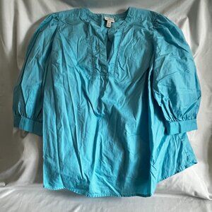 St. Johns Bay Womens Turquoise 3/4 Sleeve Blouse IX 100% Cotton Relaxed Fit Top